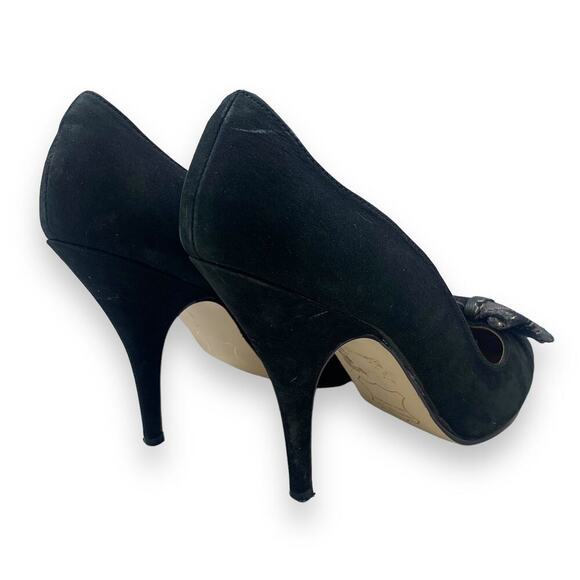 1960's German designer ANDRE black nubuck suede stiletto pumps large lace bow - Picture 13 of 16